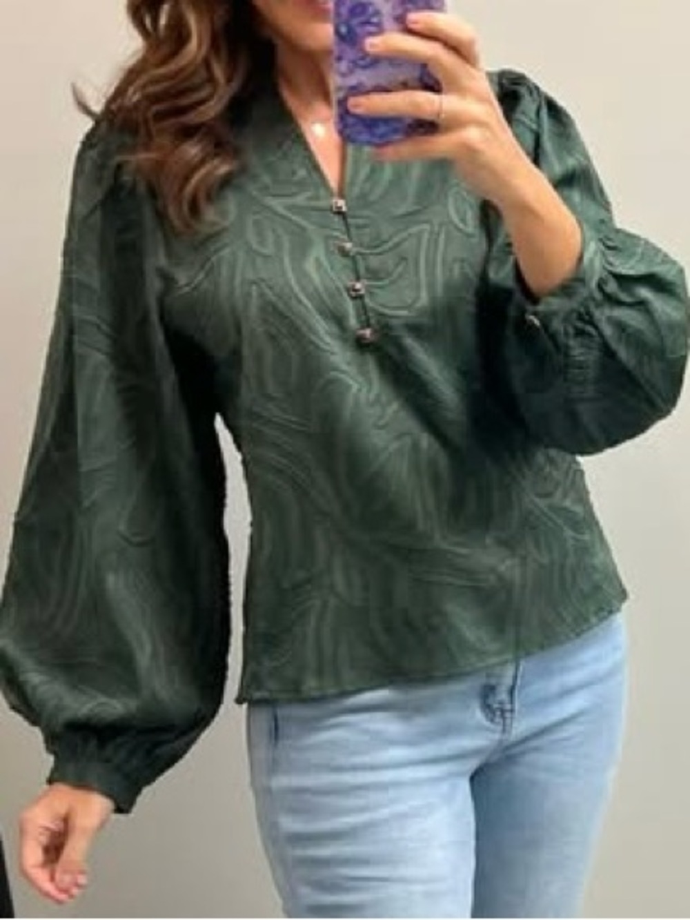 Women’s Forest Green V-Neck Balloon Sleeve Blouse